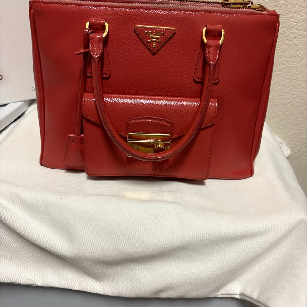 Prada Peachy Coral Saffiano Leather Satchel with Gold Hardware Shoulder Bag